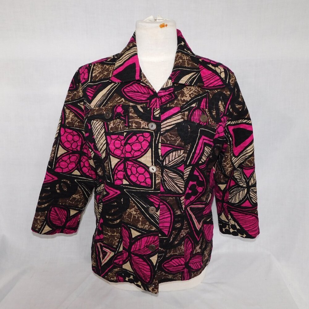 Parsley & Sage Pink Tan Black Bright Abstract Funky 3/4 sleeve Jacket Womens L